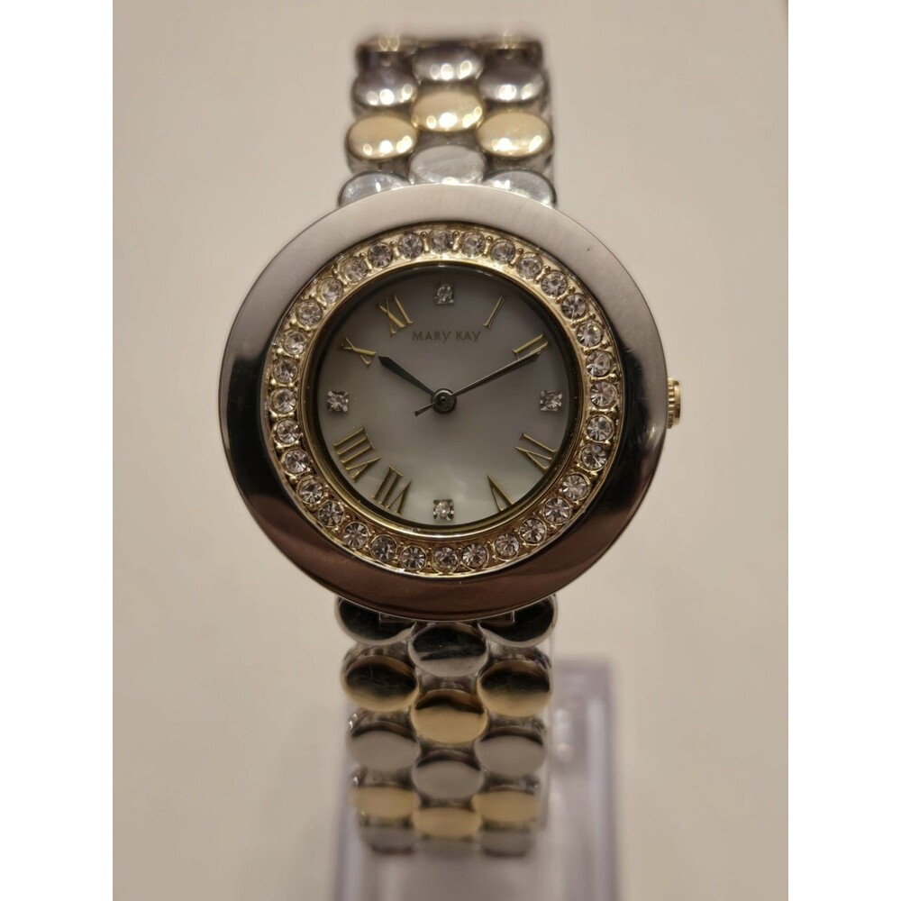 Mary Kay 33mm Crystal Bezel Two Tone Stainless Steel Ladies' Watch. New Battery.